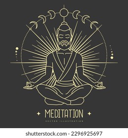 Handsome man meditation in lotus position in the rays of the rising sun. Sun and moon astrology sign. Vector illustration