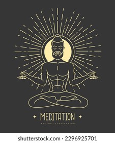 Handsome man meditation in lotus position at the sun dawn. Sun astrology sign. Vector illustration