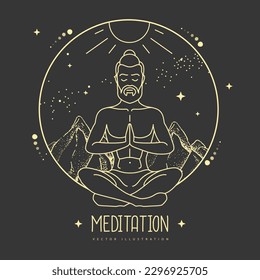 Handsome man meditation in lotus position in the mountains with starry sky. Vector illustration