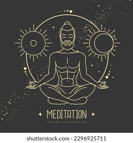 Handsome man meditation in lotus position with astrology sun and moon sign. Vector illustration