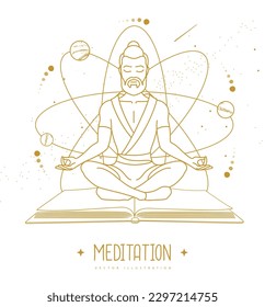 Handsome man meditation in lotus position on outer space background. Vector illustration