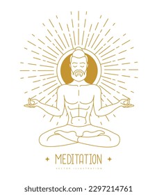 Handsome man meditation in lotus position at the sun dawn. Sun astrology sign. Vector illustration