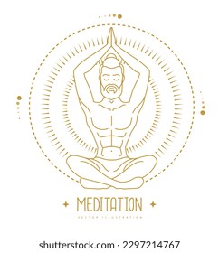 Handsome man meditation in lotus position in the rays of the rising sun. Sun astrology sign. Vector illustration
