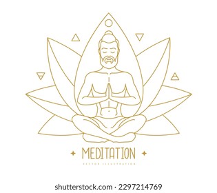 Handsome man meditation in lotus position with four elements ans Ether. Lotus flower sign. Vector illustration