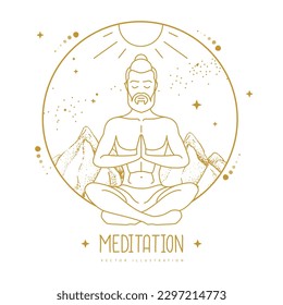Handsome man meditation in lotus position in the mountains with starry sky. Vector illustration