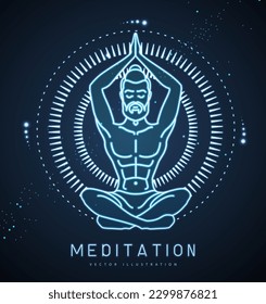 Handsome man meditation in lotus position in the rays of the rising sun. Sun astrology sign. Neon sign. Vector illustration