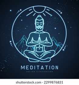 Handsome man meditation in lotus position in the mountains with starry sky. Neon sign. Vector illustration