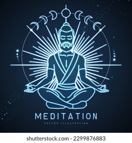 Handsome man meditation in lotus position in the rays of the rising sun. Sun and moon astrology sign. Neon sign. Vector illustration