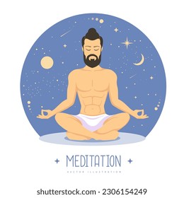 Handsome man meditation with outer space background. Magic witchcraft astrology background. Vector illustration