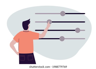 Handsome man moves different sliders. Guy adjusts various parameters. Concept of custom settings. Male user customize settings. System adjust, control panel. Back view. Trendy vector illustration