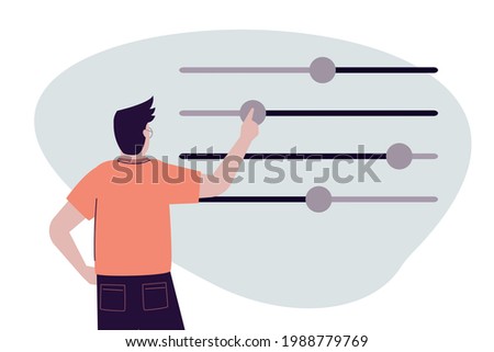 Handsome man moves different sliders. Guy adjusts various parameters. Concept of custom settings. Male user customize settings. System adjust, control panel. Back view. Trendy vector illustration