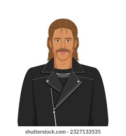 Handsome man with mullet hairstyle in biker jacket. Vector illustration