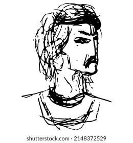 Handsome man with mustache. Male portrait. Hand drawn linear doodle rough sketch. Black silhouette on white background. Isolated vector illustration.