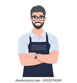 Handsome man in navy blue apron standing with arms crossed. Flat vector illustration isolated on white background