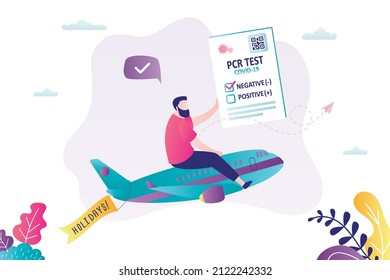 Handsome man with negative test goes on trip. Male character passed pcr test and flies on vacation. New travel norms during coronavirus. Safe tourism. Preventative measures. Flat vector illustration