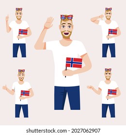 Un hombre hermoso con la bandera noruega. Un conjunto de emociones de fans. Ilustración vectorial sobre el estilo de las caricaturas.