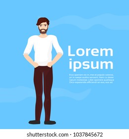 Handsome Man On Blue Background With Copy Space Attractive Bearded Stylish Guy Full Length Flat Vector Illustration