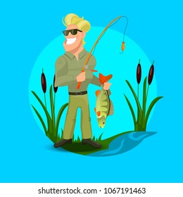 Handsome man on a fishing trip. Fisherman. Angler with fishing rod and fish. Vector illustration.