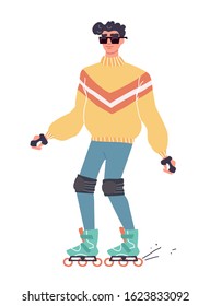 Handsome man on roller skates against white background. Cartoon vector character