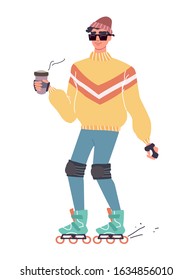 Handsome man on roller skates against white background. Cartoon vector character