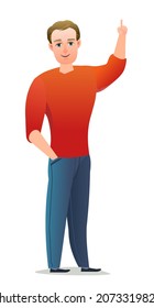 Handsome man in pants and sweater. Cheerful middle aged guy. Cheerful person. Standing pose. Cartoon comic style flat design. Single character. Illustration isolated on white background. Vector