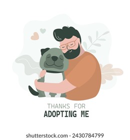 Handsome man petting and hugging dog. Domestic animals and owners. Friendship with animals. Pet adoption. Pet owner and doggy best friends feeling tenderness. flat vector illustration