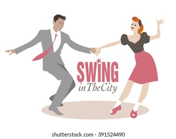 Handsome man and pinup girl dancing swing