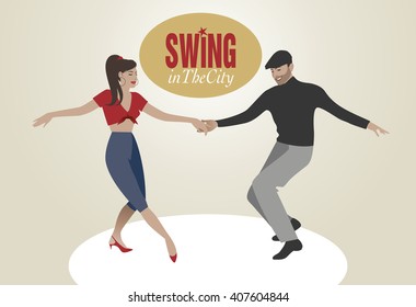 Handsome man and pin-up girl dancing swing. 