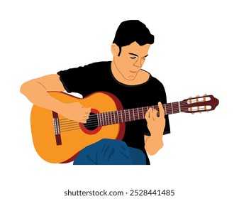 Handsome man playing acoustic guitar vector illustration isolated. Classic music street performer concert. Musician artist amusement public. Virtuoso classic guitar. Boy play string instrument.