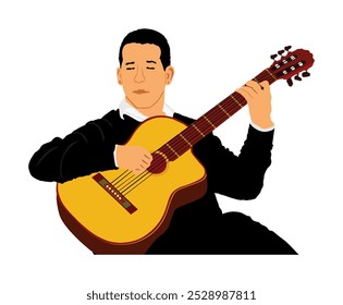 Hombre guapo tocando la Ilustración vectorial acústica de la guitarra aislado. Concierto de música clásica de artistas callejeros. Músico artista de entretenimiento público. Virtuoso guitarra clásica. Niño toca el instrumento de cuerda.