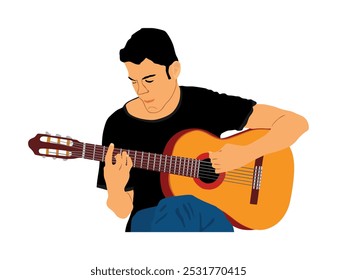 Handsome man playing acoustic guitar vector illustration isolated. Classic music street performer concert. Musician artist amusement public. Virtuoso classic guitar. Boy play string instrument.