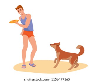 Handsome Man Playing Frisbee With His Dog. Cartoon Vector Illustration