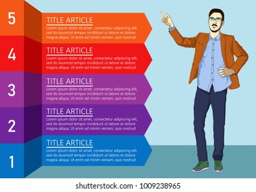 Handsome man pointing a finger at a check list of business goals.  Vector realistic illustration of business man 