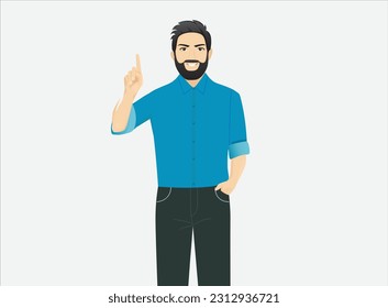 Handsome Mann, der nach oben zeigt Isplantat, Fingerspitzenspitze
