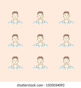 Handsome man portrait with different facial expressions. Beautiful happy boy, smiling, kind, surprised, angry, scared,  joyful emotion face. Hand drawn vector illustration. Doodle style design