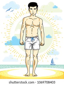 Handsome man posing on tropical beach in colorful shorts. Vector character. Summer holidays theme.