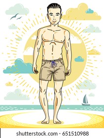 Handsome man posing on tropical beach in colorful shorts. Vector character. Summer holidays theme.