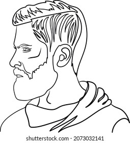 Handsome man in profile with a beard and mustache in a jacket. Line Art Vector.