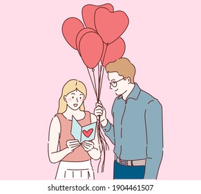 Handsome man proposing a beautiful woman to marry him. In love couple concept. Hand drawn in thin line style, vector illustrations. 