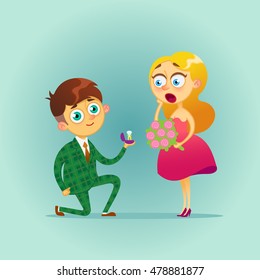 Handsome man proposing marriage to beautiful woman with diamond ring.Getting up on his knee. Engagement ring wedding bride offer hands and hearts the gift of love.surprise, amazement, shock.couple