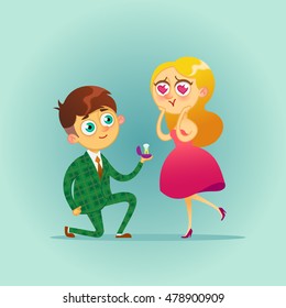 Handsome man proposing marriage to beautiful woman with diamond ring.Getting up on his knee. Engagement ring wedding bride offer hands and hearts the gift of love.couple