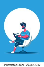 Un hombre guapo está leyendo un libro. Un hombre está sentado en un sillón blanco y leyendo su libro. Diseño de arte moderno de fondo azul y blanco. Ilustración vectorial