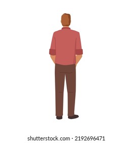 Hermoso retrato de la vista trasera aislado personaje de dibujos animados planos de moda. Ilustración vectorial de una persona caucásica adulta con camisa y pantalones, retrovisor