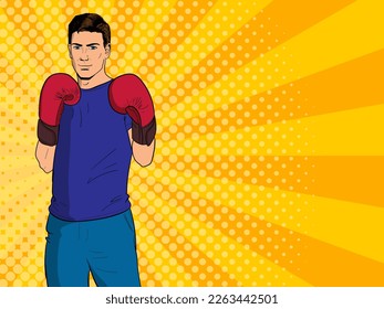 Handsome man in red boxing gloves. Vector illustration in a vintage pop art style