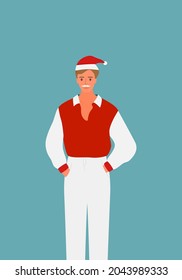 Un hombre guapo en la tela roja de pie pone las manos en los bolsillos. Modelo masculino inteligente con ropa de Santa Claus. Postal , tarjeta de felicitación para Feliz Navidad. Ilustración vectorial de estilo plano.