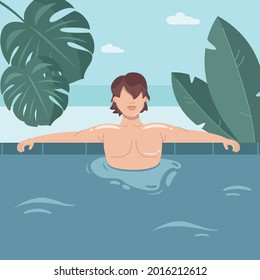 Handsome man relaxing in swimming pool. Male lying in water in tropical resort. Young man having outdoor leisure. Summer vacation concept. Vector flat illustration.