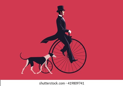 Handsome man riding a retro bike. Greyhound dog. Luxury life.