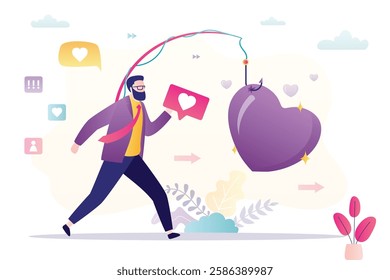 Handsome man runs for love bait. fishing rod that uses heart as bait. trap of love. Online dating. Deception problems. dangerous manipulations in relationships, social media addiction. flat vector