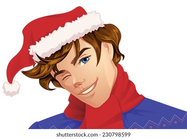 Handsome Man with Santa Hat Winking
