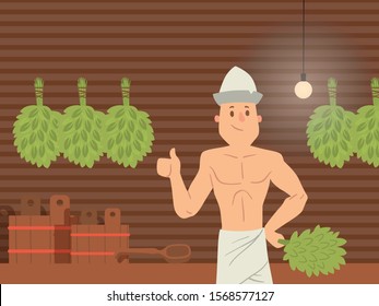 Handsome man in sauna, vector illustration. Cartoon character man in towel and hat, with traditional birch broom for sauna. Enjoy body care treatment in spa resort, healthy lifestyle recreation